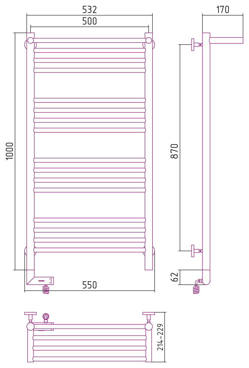 Полотенцесушитель электрический Сунержа Богема 2.0 с полкой 1000x500
